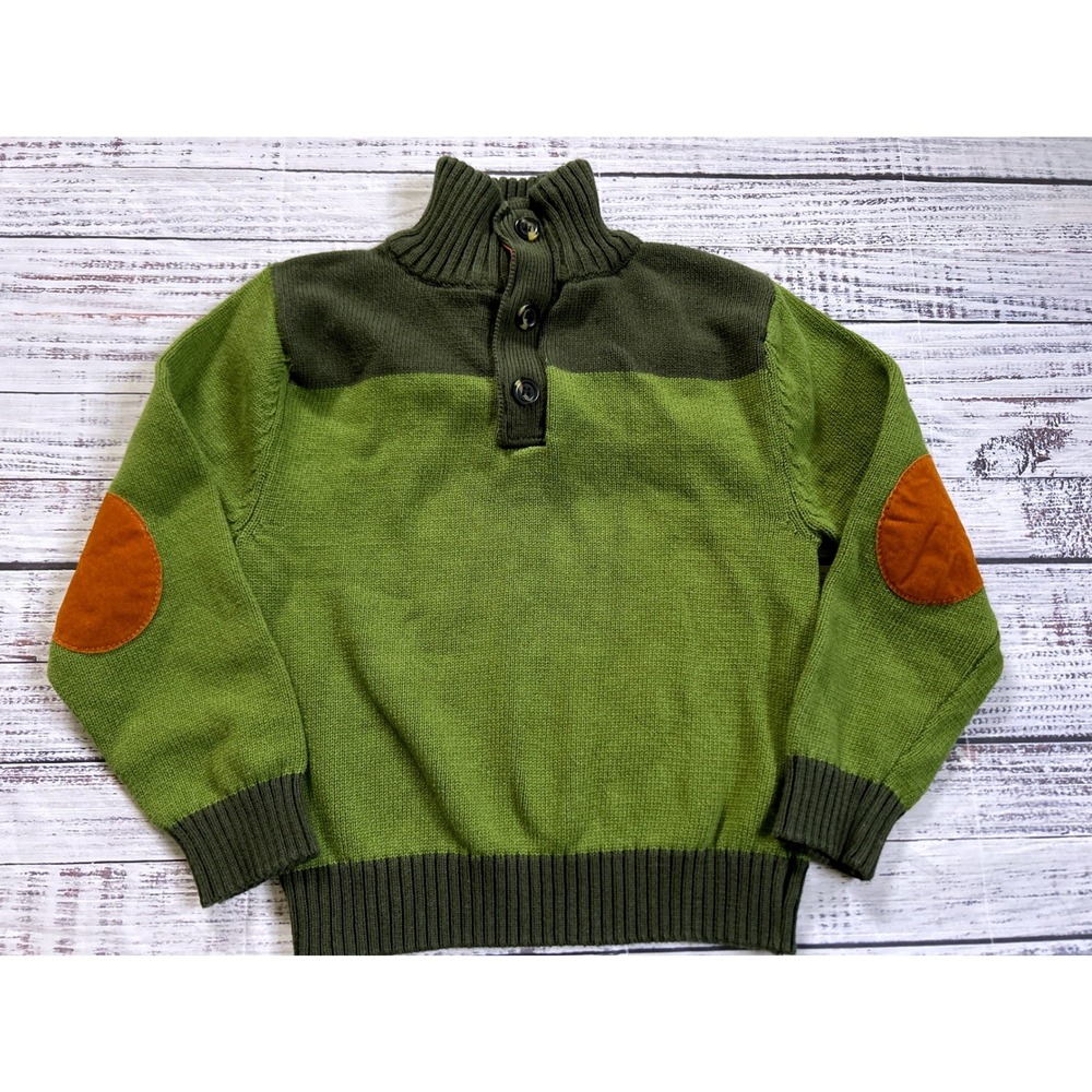 Gioberti Sweater Kids Size 6 Green Mock Neck Button Elbow Patches Cotton Knit